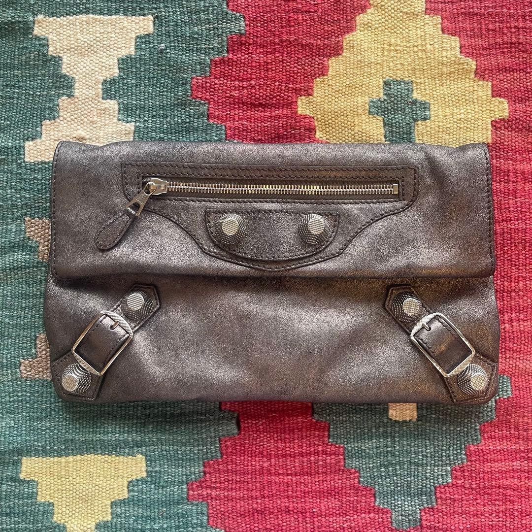 BALENCIAGA Giant Envelope Clutch Bag Metallic Brown Leather