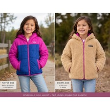 Eddie Bauer Girls Reversible Puffer Sherpa Jacket Hooded 7/8 Purple Blue Teddy