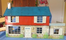 Vintage Tin 2 story Dollhouse Colonial Metal Toy with some furniture