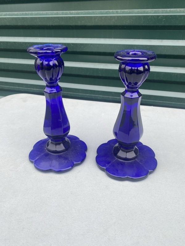 Pair Cobalt Blue Glass Candlestick Holder