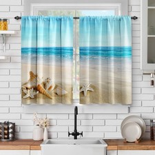 Ocean Beach Kitchen Curtains - Summer Starfish Seashell Tropical Sea Sky View...