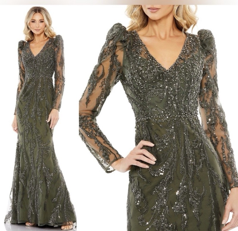 NWT $998 Mac Duggal Sz 20 20349 Embellished Puff Sleeve V Neck Gown -Olive J1385