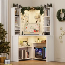 Corner Desk with LED Lights, L Shaped Computer Desk with Hutch & Shelves