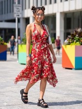 Vintage Y2k Angie Red Floral Halter Dress Whimsigoth Boho Fairycore Grunge Med