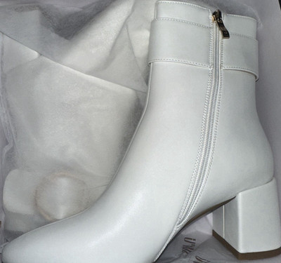IDIFU LORI Women's White Faux Leather Ankle Bootie Zip Block Heel US 8.5