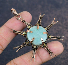 Natural Amazonite Gemstone Copper Wire Wrapped Handmade Sun Shape Pendant Gifts