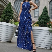 Betsy & Adam Metallic Ruffle Halter Gown Navy Plus Size 18W Wedding Guest Dress