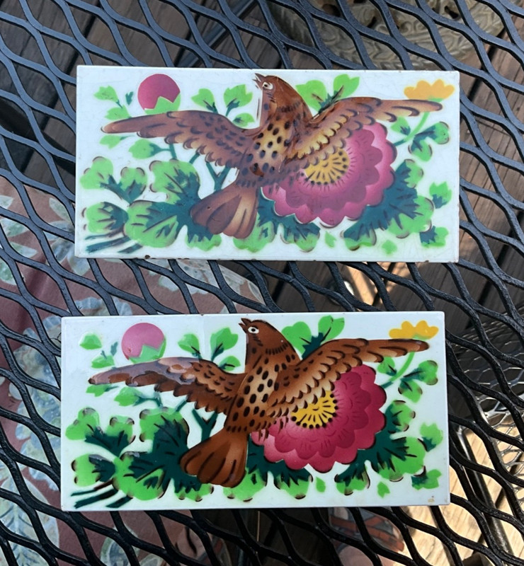 2 Vintage FM or Fujimiyaki ceramic tiles with bird design 3 X 6 inches, Japanese