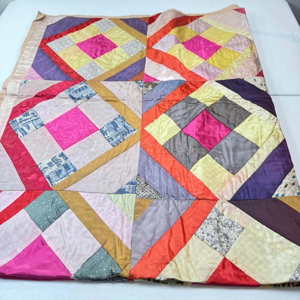 vintage handmade quilt twin stain silky diagonal 9 patch square rustic primitive - Image 3 of 4