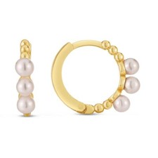 14K Yellow Gold Huggie Hoop Earring with 3mm Pearls and Snap Clasp