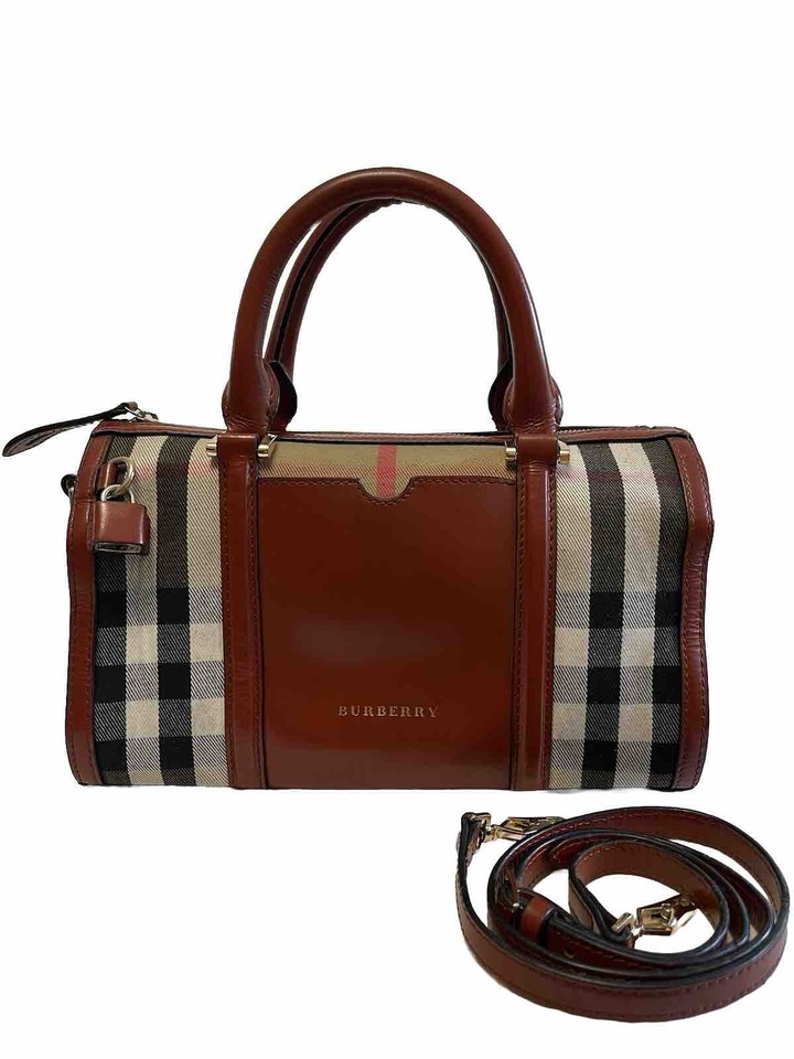 Authentic Burberry Burgundy Leather House Check Medium Alchester Handbag Bag
