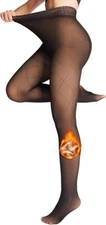 Women Fleece Lined Tights,Fishnets Patterned Fake Translucent Warm High (Size:M)