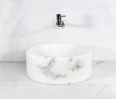 Carrara White Cylindrical Marble Sink   with a free marble soap dispenser