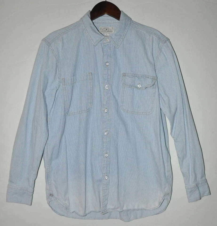 Camisa para hombre Lucky Brand pequeña de mezclilla con botones delanteros azul blanco a rayas 100 % algodón Foto 2 de 4