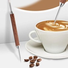 Stainless Steel Coffee Art Pen with Wood Handle Latte Pull Flower Needle UK