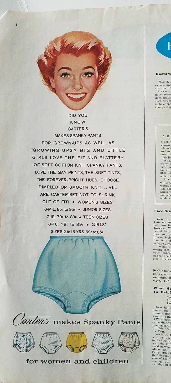 1959 did you know Carter's makes women's blue Spanky pants underwear  redhead ad