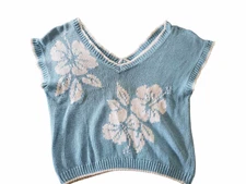 Vtg Gitano 1986 Grandma Sweater Vest Crochet Knit Floral Cottagecore Blue Large