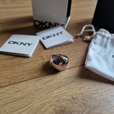 DKNY Logo Dome Ring Silver Tone Stainless Steel Statement Ring Boxed Y2K 2000s