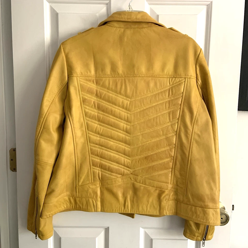 Yellow real LEATHER Moto Jacket Women sz 2XL JilD New LeatherInn Wrist Zips - Image 2 of 4