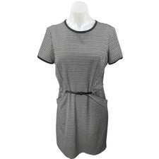 Max Studio Black White Houndstooth Short Sleeve Belted Zip Mini Sheath Dress M