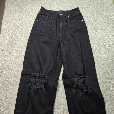 Wild Fable Jeans Juniors 0/25R Black High Rise Baggy Wide Leg Distressed Denim