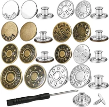 32 Sets Jeans Buttons Replacement, 17 Mm and 20 Mm No-Sew Removable Metal Button
