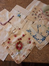 Vintage Lot Embroidered Lace Floral Handkerchiefs, Cotton, White/Blue/Pink