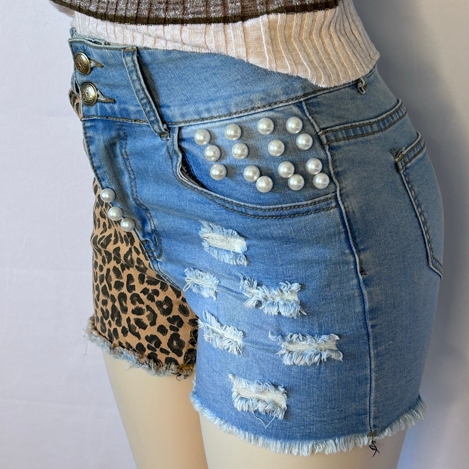 Denimland Patchwork Leopard Pearl Distressed High… - image 5