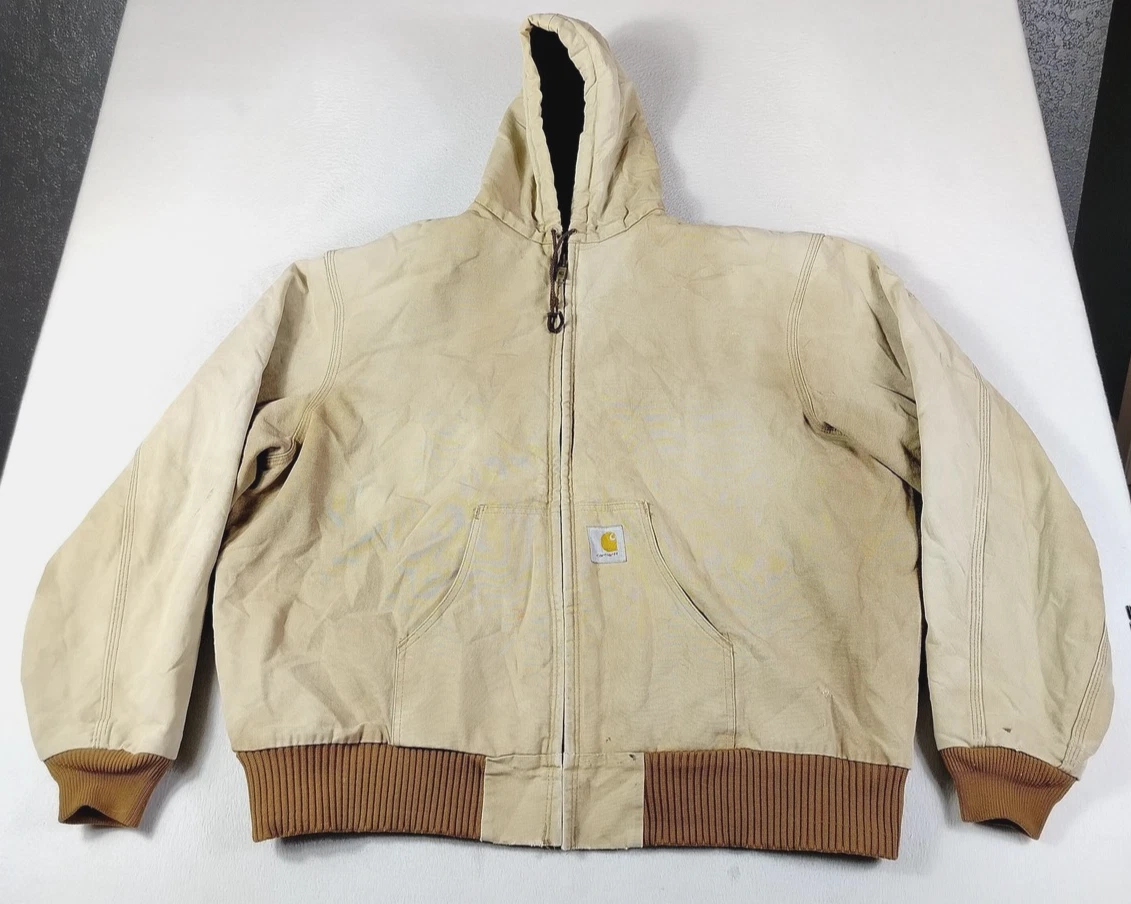Vintage Carhartt Jacket Mens 4XL Beige Hooded Canvas Insulated Bomber Workwear