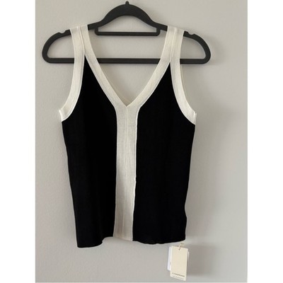 Commense Cotton Knit Sleeveless Black Top & Contrasting White Trim Large NWT