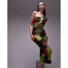 TOPSHOP One Shoulder Ruched Tie Dye Mesh Midi Dress Size 2