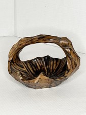 9  BURL WOOD Bowl BASKET KNOBBY Natural Wood Grain W/ Handle HAND CARVED