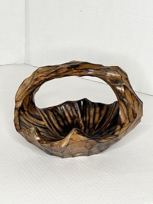 9  BURL WOOD Bowl BASKET KNOBBY Natural Wood Grain W/ Handle HAND CARVED