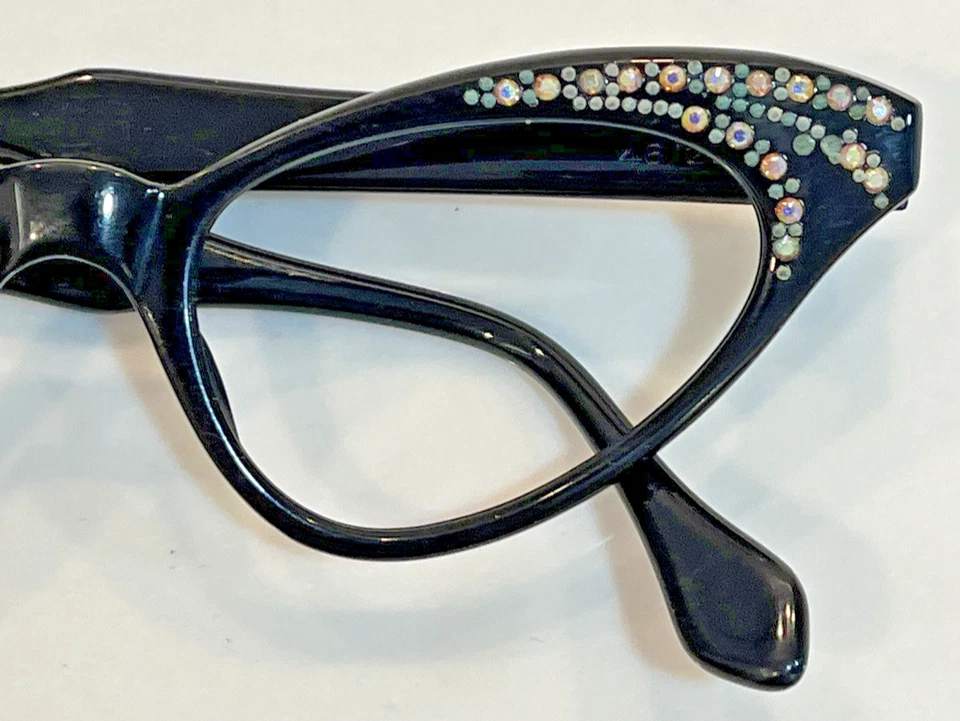 Vintage Woman's Eyeglass Black Oval France many Rhinestones 46 x 18 - Image 3 of 4