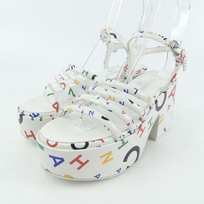 BNWB Chanel Logo Platform Sandal Wedges White Multicolor Size 35