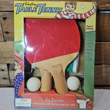 Vintage Schylling Table Tennis Game Paddles, 2 Balls Net Ping Pong Set