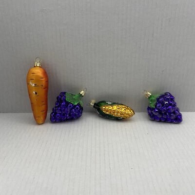4 Vintage Hand Blown Glass Ornaments, Czech Republic Frosted Grapes Carrot Corn