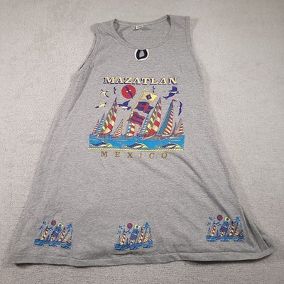 Vintage Mazatlan Dress Womens Large Sleeveless Tank Sailboat Graphic 90s
