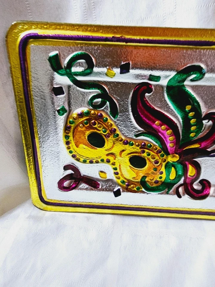 Mardi Gras Glass Platter Fleur de lis Reverse Metallic Painted 13.75”-3 Dinner - Image 4 of 4