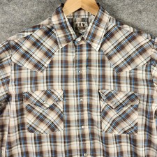 VTG ELY Cattleman Men Plaid Western Pearl Snap Shirt M Brown Blue Cowboy Pockets