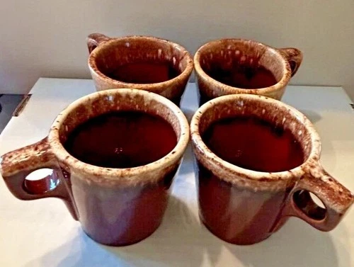 Hull Coffee Mug Set of 4 Brown Drip Glaze Pottery USA Oven Proof Vintage