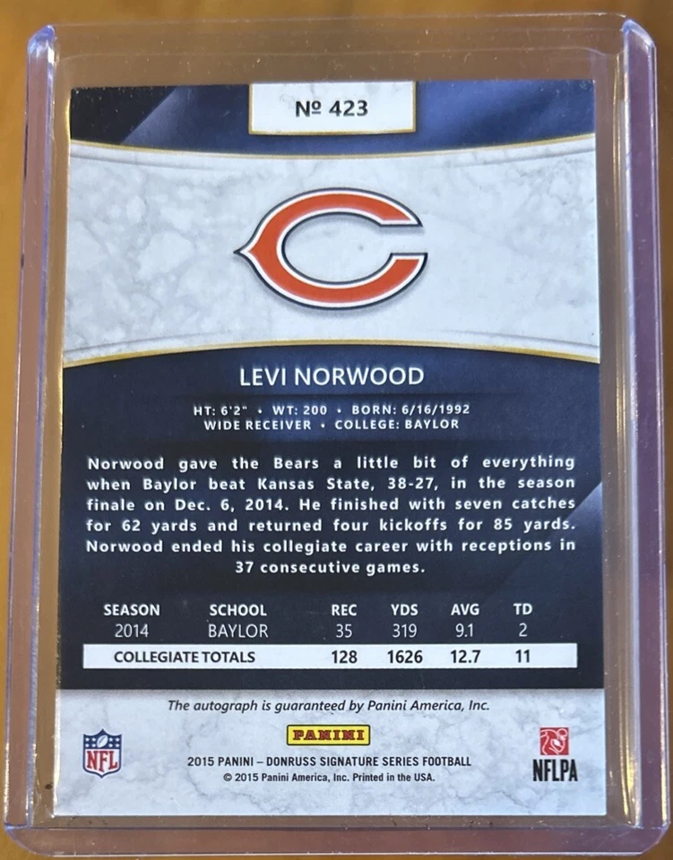 2015 Panini Donruss Signature Series Rookie Auto #423 Levi Norwood Bears RC - Image 2 of 2