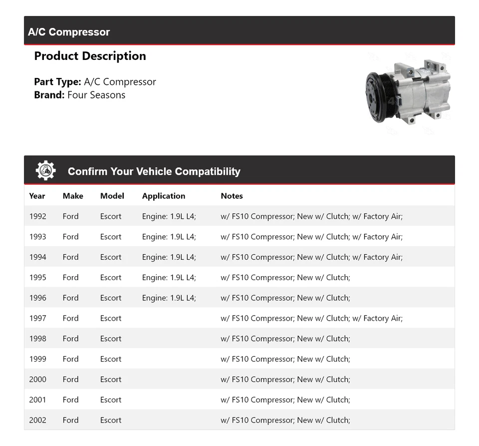 适用于 1992 - 2002 年福特 Escort 空调压缩机 4 季 1993 1995 1996 1998 — 第 2/4 张图片