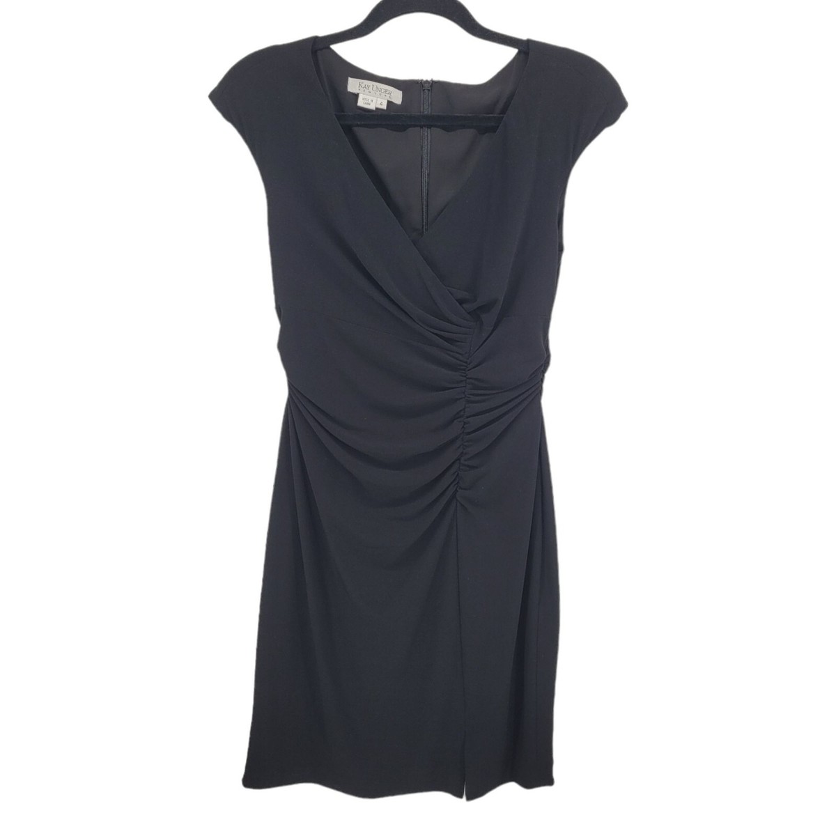 Kay Unger womens size 4 black cap sleeve dress knee length v neck gathered  | eBay