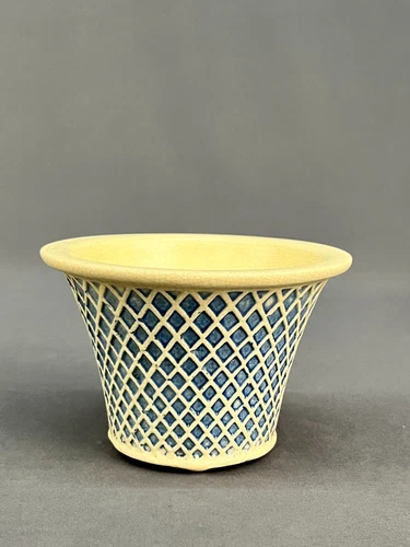 Rare Weller Pottery BLUE Basketweave 3 1/4" Footed Flower Pot Planter c. 1920's