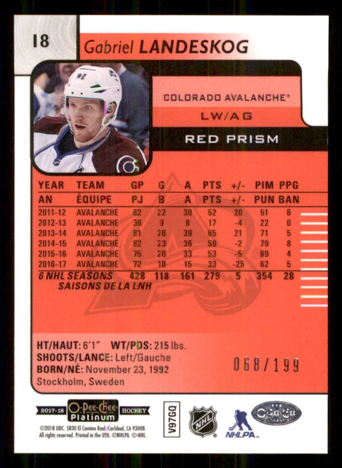 2017-18 O-Pee-Chee Platinum Red Prism #18 Gabriel Landeskog /199 - Image 2 of 2