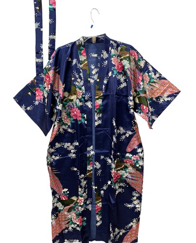 Womans Satin Robe Kimono Bathrobe Oriental Kaftan Geisha Peacock House Coat Blue