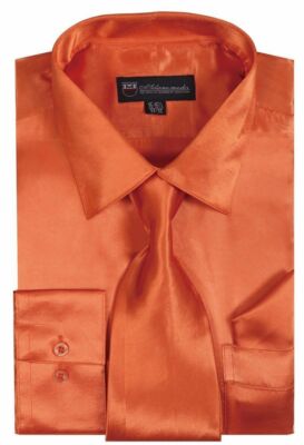 Men's Shiny Satin Polyester Formal Dress Shirt w/ Tie and Hanky Set #08 Solid