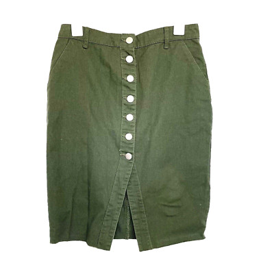 Forever 21 Womens Skirt Sz Large Knee length Green Olive Button down Raw Hemmed 