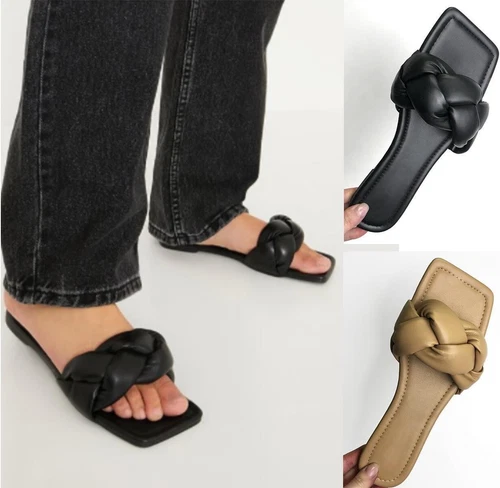 Women Low Slip On Square Toe Braided Loop Summer Sandals Clogs